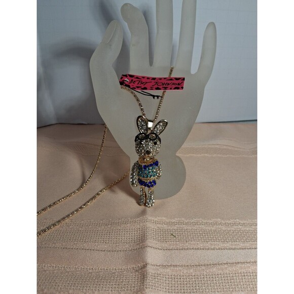 Betsey Johnson Bunny on a Chain, Silver and Blue, Moveable Lamb's - Picture 8 of 8